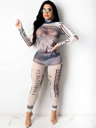 Sexy Metallic Print Mesh Long Sleeve Jumpsuit