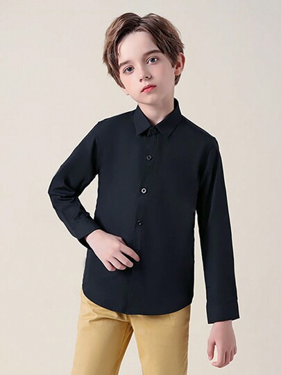 Camisa casual de manga comprida para meninos pré-adolescentes, camisa social simples para escola e apresentação