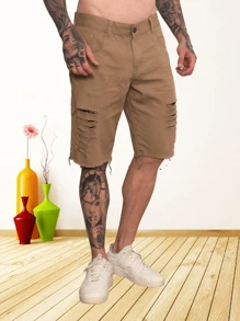 Men's Ripped Denim Shorts Without Elastane, Basic - 卡其色 - 查看 1