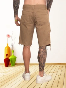 Men's Ripped Denim Shorts Without Elastane, Basic - 卡其色 - 查看 2