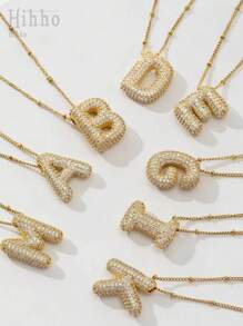 1pc Luxury Micro-Inlaid CZ Initial 26 Letter Pendant Necklace, Gold-Tone Plated Unisex Initial Name Necklace - Yellow Gold - View 2