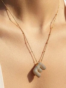 1pc Luxury Micro-Inlaid CZ Initial 26 Letter Pendant Necklace, Gold-Tone Plated Unisex Initial Name Necklace - Yellow Gold - View 3