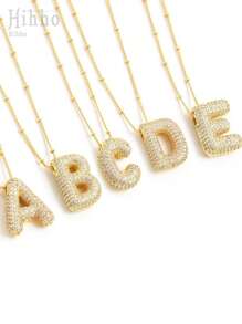 1pc Luxury Micro-Inlaid CZ Initial 26 Letter Pendant Necklace, Gold-Tone Plated Unisex Initial Name Necklace - Yellow Gold - View 5