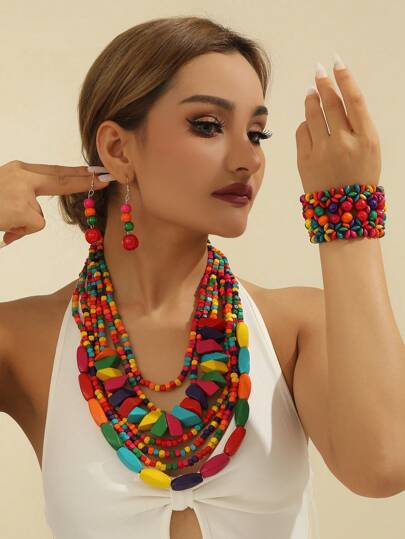 Exaggerated Multi-Layer Pendant Handmade Beaded Necklace, Earrings, Bracelet Set - European, African, Bohemian, Retro, Wooden Bead, Festival, Holiday Style