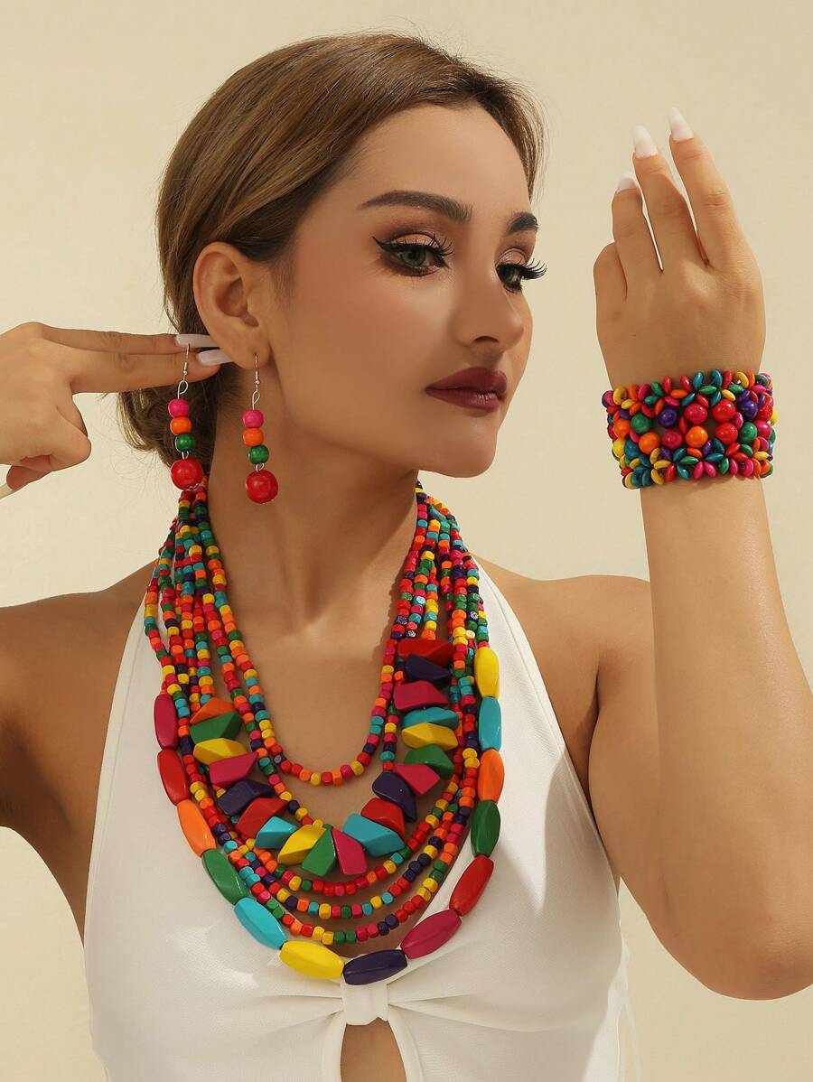 Exaggerated Multi-Layer Pendant Handmade Beaded Necklace, Earrings, Bracelet Set - European, African, Bohemian, Retro, Wooden Bead, Festival, Holiday Style - Multicolor - View 1