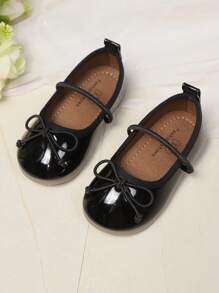 1 Pair Girls Bow Decor Non-Slip Soft Sole Simple Cute Princess Style Flat Shoes, Suitable For Students To Wear In Spring And Summer - Black - View 2