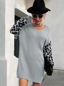 Vestido de punto jacquard para mujer con escote en V y mangas farol, sin cinturón