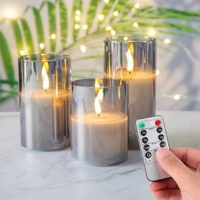 3 件装亚克力无焰蜡烛，电池供电，带定时器和遥控器，LED 柱状蜡烛