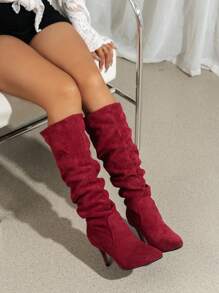 黑色褶皱修身高筒靴，2025秋冬新款尖头修身过膝长靴，性感猫跟 - 紅色 - 查看 6