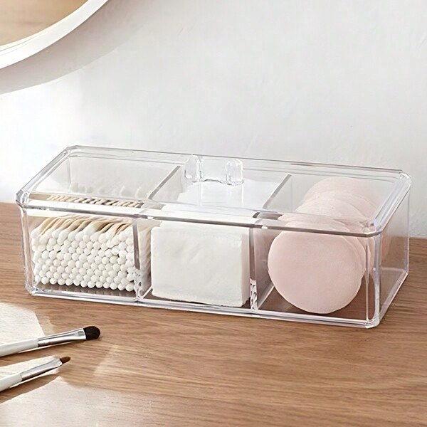 1pc PS Cosmetics Storage Box, Minimalist Clear 3 Grids Cosmetics Container For Home, For Holiday Beach, Bathroom Collection, Bedroom Collection, Large Capacity