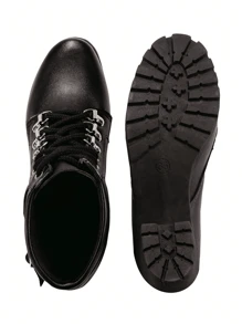 Women's Combat Boots Short Comfortable Buckle Heel Black - 黑色 - 查看 5