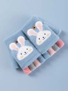 1 双儿童 4-11 岁冬季露指手套，卡通加厚保暖内衬半指翻盖手套，适合男孩和女孩