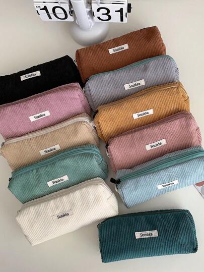 1 pieza Nuevo estuche de terciopelo acanalado de unicolor vintage, estuche de lápices elegante y sencillo para estudiantes de secundaria, regreso a la escuela, útiles escolares, estuche de lápices, mochila escolar