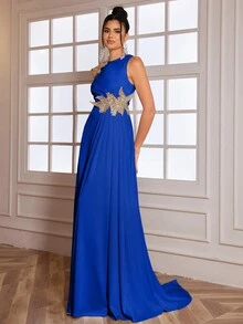 Elisanya 女士高端优雅3D立体花卉高开衩晚礼服，正式舞会礼服，适合婚礼宾客、毕业典礼、晚宴等场合穿着。 - 寶藍色 - 查看 6