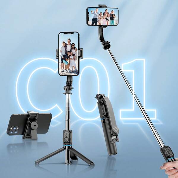 1 Black Phone Holder With Detachable Remote Control & Selfie Stick Tripod