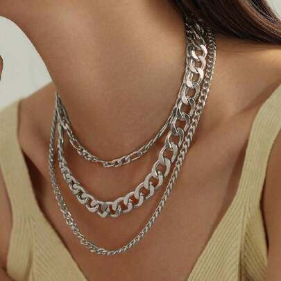 3 件/套朋克风格银色粗链项链，适合女士，多层颈链，适合日常佩戴