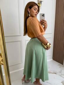 Sensory Tailored Viscose Skirt, With Pocket And Elastic Back - 綠色 - 查看 2