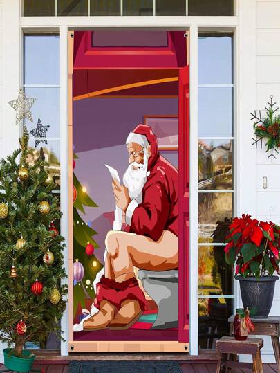1pc Santa Claus On The Toilet 59*31 Inch Christmas Door Hanging Banner, Christmas Door Decor, Front Door Party Home Decoration, For Front Door, Bathroom, Toilet Background Holiday Cover Decoration