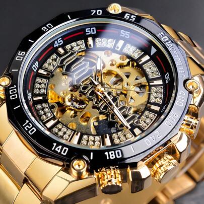 FENSIR Men's Fashion Double-Sided Hollow Automatic Mechanical Watch, Classic Fully Paved Diamonds Luxury Stylish Men's Watch