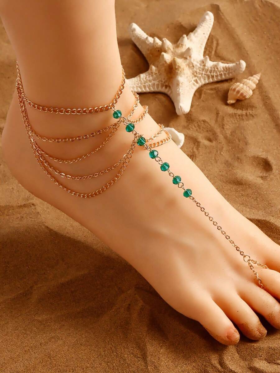 1 Vòng chân dây chuyền kim loại nhiều lớp tinh tế với hạt thủy tinh đầy màu sắc, mùa hè mới - Vàng - Xem 1