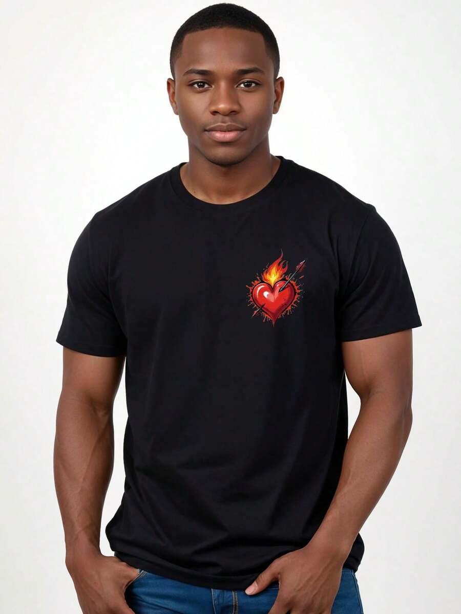 Men's Cotton T-Shirt Heart With Arrow Catching Fire Minimalist Premium - 黑色 - 查看 1