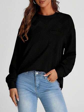 Women's Crewneck Long Sleeve Casual Sweatshirt With Pocket, Textured Fabric, Autumn/Winter