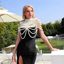 1 pieza Cadena de hombro personalizada de múltiples capas con borlas, elegante collar de chal con perlas hechas a mano, accesorio de joyería de cadena corporal para uso diario de mujer