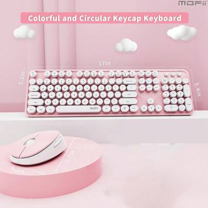 MOFII Juego inalámbrico ergonómico de teclado y mouse de 104 teclas tamaño completo 2.4G, combo de teclado y mouse inalámbrico con teclas redondas de estilo retro para escritorio/portátil - Blanco y Rosa