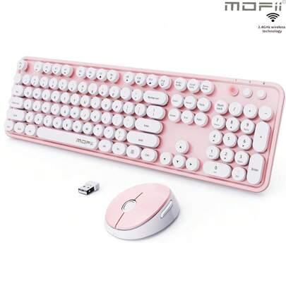 MOFII Ergonomic Wireless Keyboard And Mouse Set 104 Keys Full Size 2.4G Wireless Keyboard Mouse Combo Retro Round Keycap Typewrite Keyboard For Desktop/Laptop-White Pink