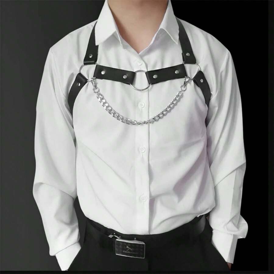 1 件男士性感链肩带道具舞台夜总会酒吧表演配件胸带设计适合农历新年情人节礼物和日常穿着 - 黑色 - 查看 1