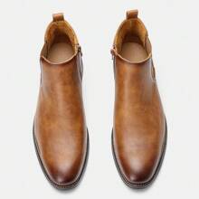 Men's Chelsea Boots, Business Commuting, Side Zipper, Rubber Wooden Heel, Distressed Dual-Tone Uppers, Classic Retro Ankle Boots