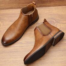 Men's Chelsea Boots, Business Commuting, Side Zipper, Rubber Wooden Heel, Distressed Dual-Tone Uppers, Classic Retro Ankle Boots