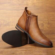 Men's Chelsea Boots, Business Commuting, Side Zipper, Rubber Wooden Heel, Distressed Dual-Tone Uppers, Classic Retro Ankle Boots