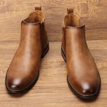 Men's Chelsea Boots, Business Commuting, Side Zipper, Rubber Wooden Heel, Distressed Dual-Tone Uppers, Classic Retro Ankle Boots
