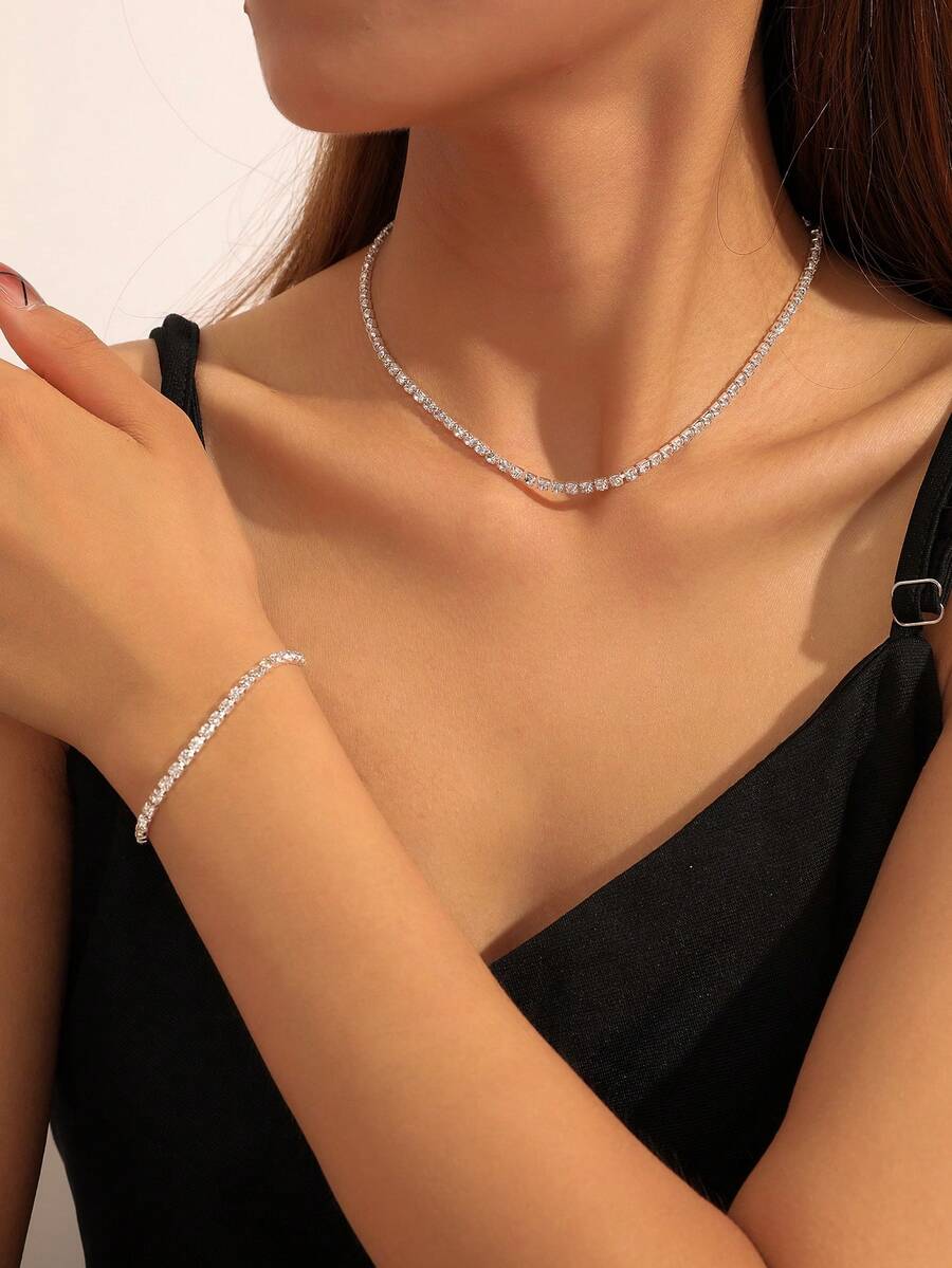 2pcs/Set Colorful Rhinestone Choker Necklace And Bracelet Set, Fashion Jewelry Accessories - Royal Blue - View 1