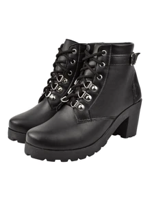Women's Combat Boots Short Comfortable Buckle Heel Black - 黑色 - 查看 2