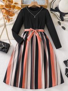 Váy trượt patin kẻ sọc chắp vá cho bé gái tuổi mới lớn, phù hợp cho các buổi đi chơi hàng ngày, tiệc tùng, mùa xuân/thu/đông - màu đen - Xem 1