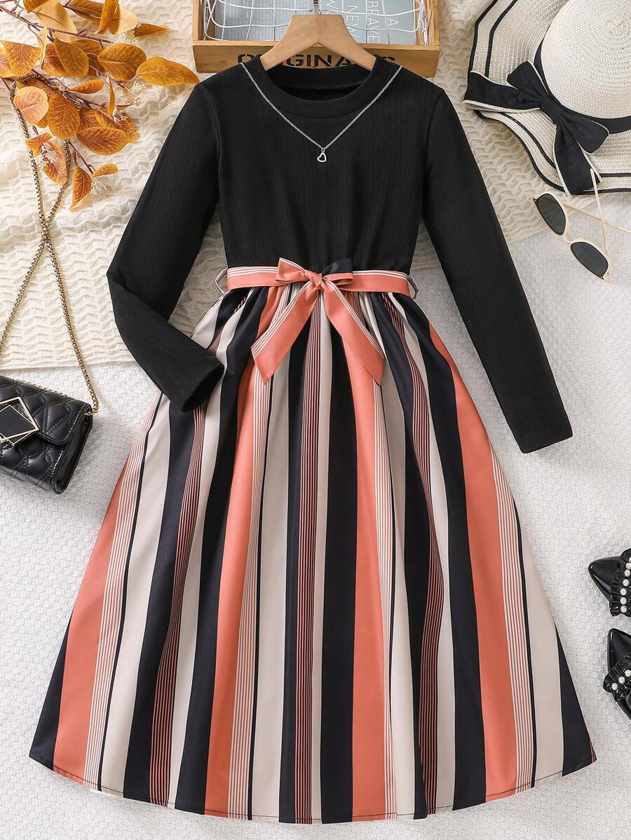 Váy trượt patin kẻ sọc chắp vá cho bé gái tuổi mới lớn, phù hợp cho các buổi đi chơi hàng ngày, tiệc tùng, mùa xuân/thu/đông - màu đen - Xem 1