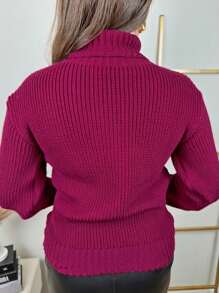 Women's Cold Temperature Sweater High Neck Wool Puff Sleeve Knitted Tricot Braids - Cherry Pink - View 8