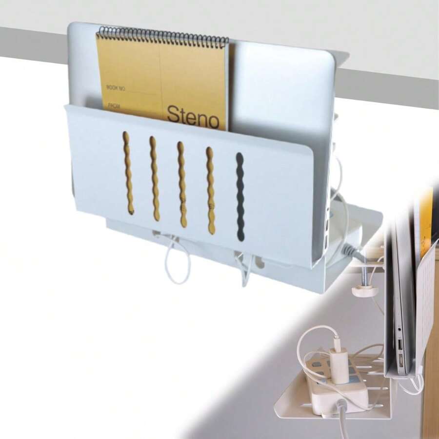 Desk Side Storage, Under Desk Laptop Holder With Cable Management Tray, 2 In 1 Steel Under Desk Laptop Tray, Under Desk Tray, Side Of Desk Storage For Office And Home (White 1 Tier With Tray) - 銀色 - 查看 1