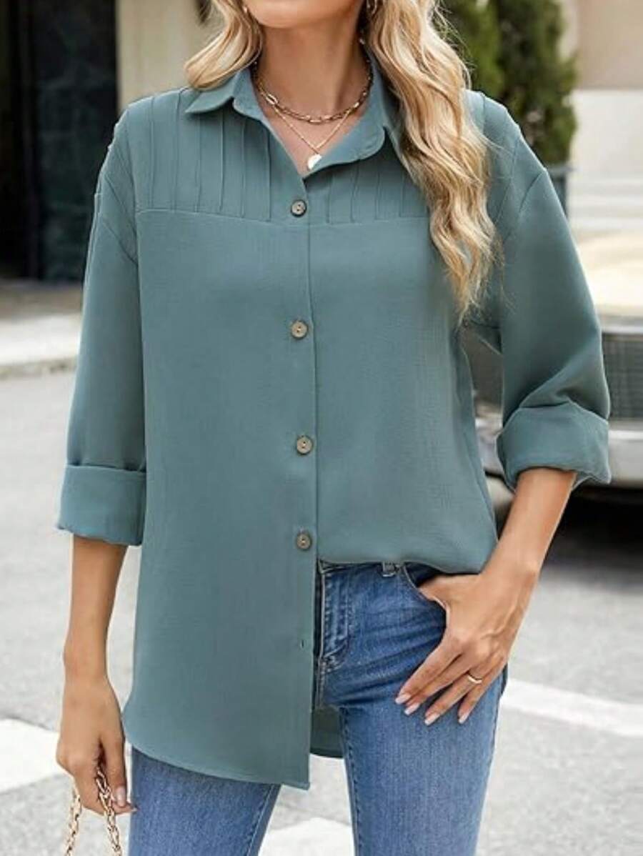 Cămașă casual cu mânecă lungă pentru femei, primăvară, toamnă - Verde - Vizualizare 1