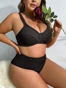 Plus SIze Women 5 Hooks Front Closure Lingerie Set Wire Free Bra And Plain Panties - Black - View 3