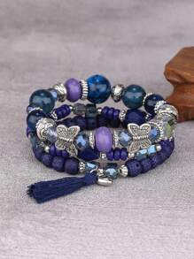 A Set Of Bohemian Multi-Layer Crystal Bead, Butterfly Pendant Colorful Bracelet, Suitable For Summer Beach Vacation, Gift For Friends