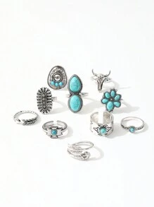 10pcs/Set Vintage Western Turquoise Flower, Texas Map, Cactus, Sunflower, Arrow Shape Openable Rings Set For Women - Multicolor - View 4