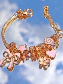 1pc Pink Bow & Heart Charm Adjustable Bracelet, Star DIY Bracelet, Ballet Style Pink Bracelet Valentines,Mom,Mother,Mother's Day,Gift - Gold - View 2