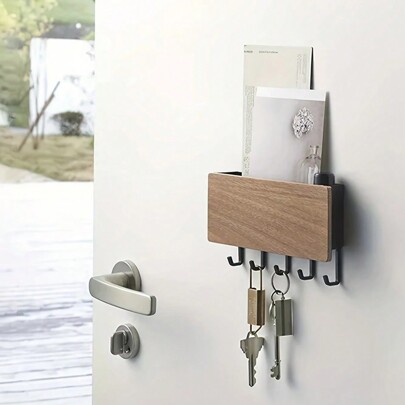 1 pieza Soporte de pared para llaves, organizador de almacenamiento de madera de uso múltiple