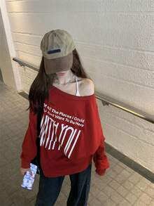 女款双面露肩长袖印花 T 恤，宽松设计，2024 年新款 - 紅色 - 查看 3