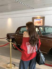 女款双面露肩长袖印花 T 恤，宽松设计，2024 年新款 - 紅色 - 查看 4