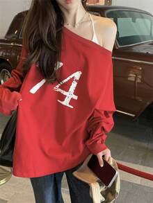 女款双面露肩长袖印花 T 恤，宽松设计，2024 年新款 - 紅色 - 查看 5