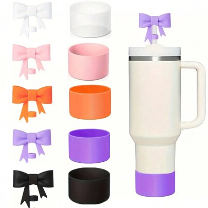 1set/2pcs Elegant 10mm Silicone Bowknot Straw Lids & Cup Sleeves, Fit For 30oz & 40oz Tumblers, Protective Cup Accessories, Holiday Gift